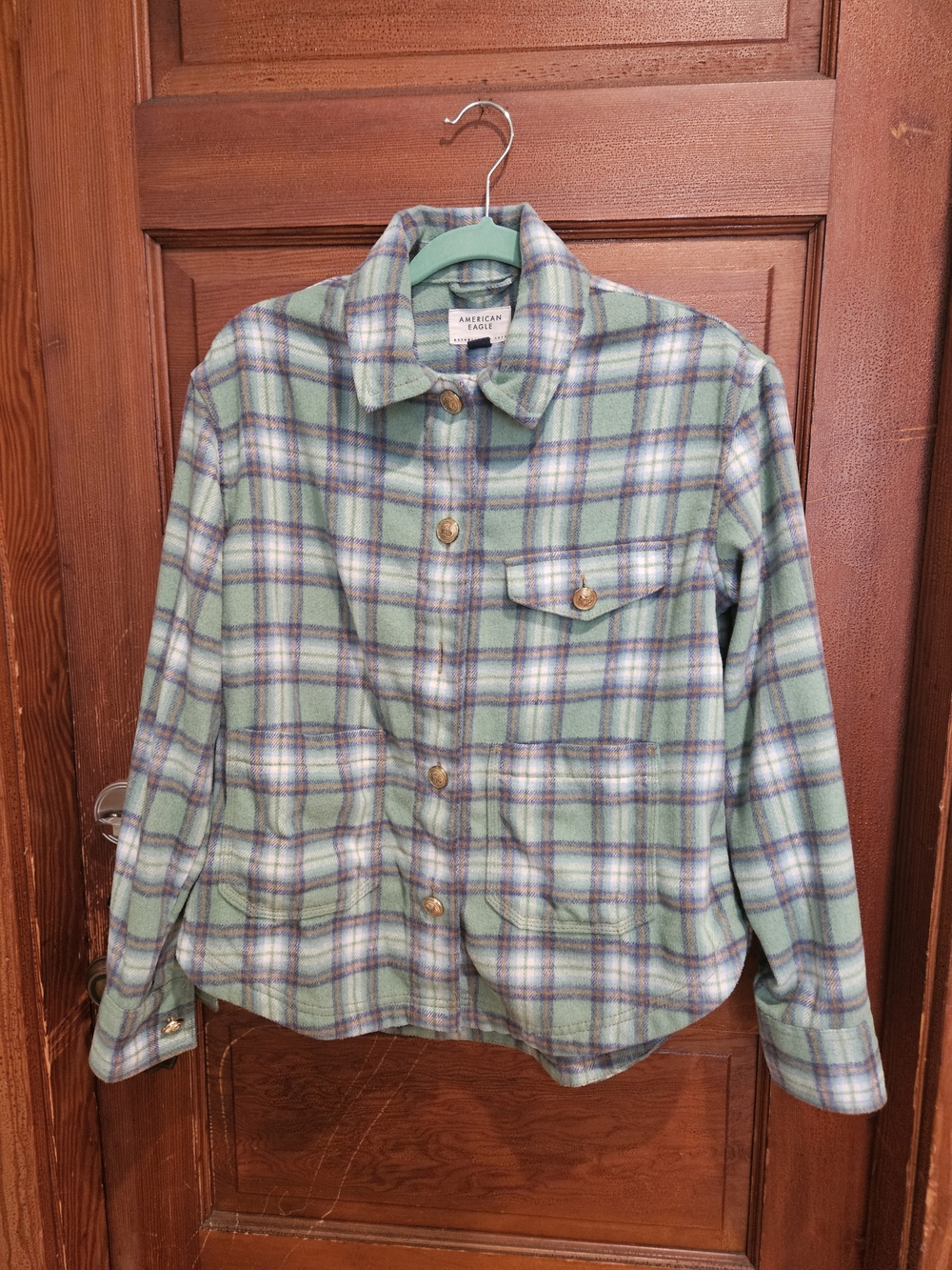 American Eagle Outfitters Mint Green Plaid Button-Down Shirt Jacket